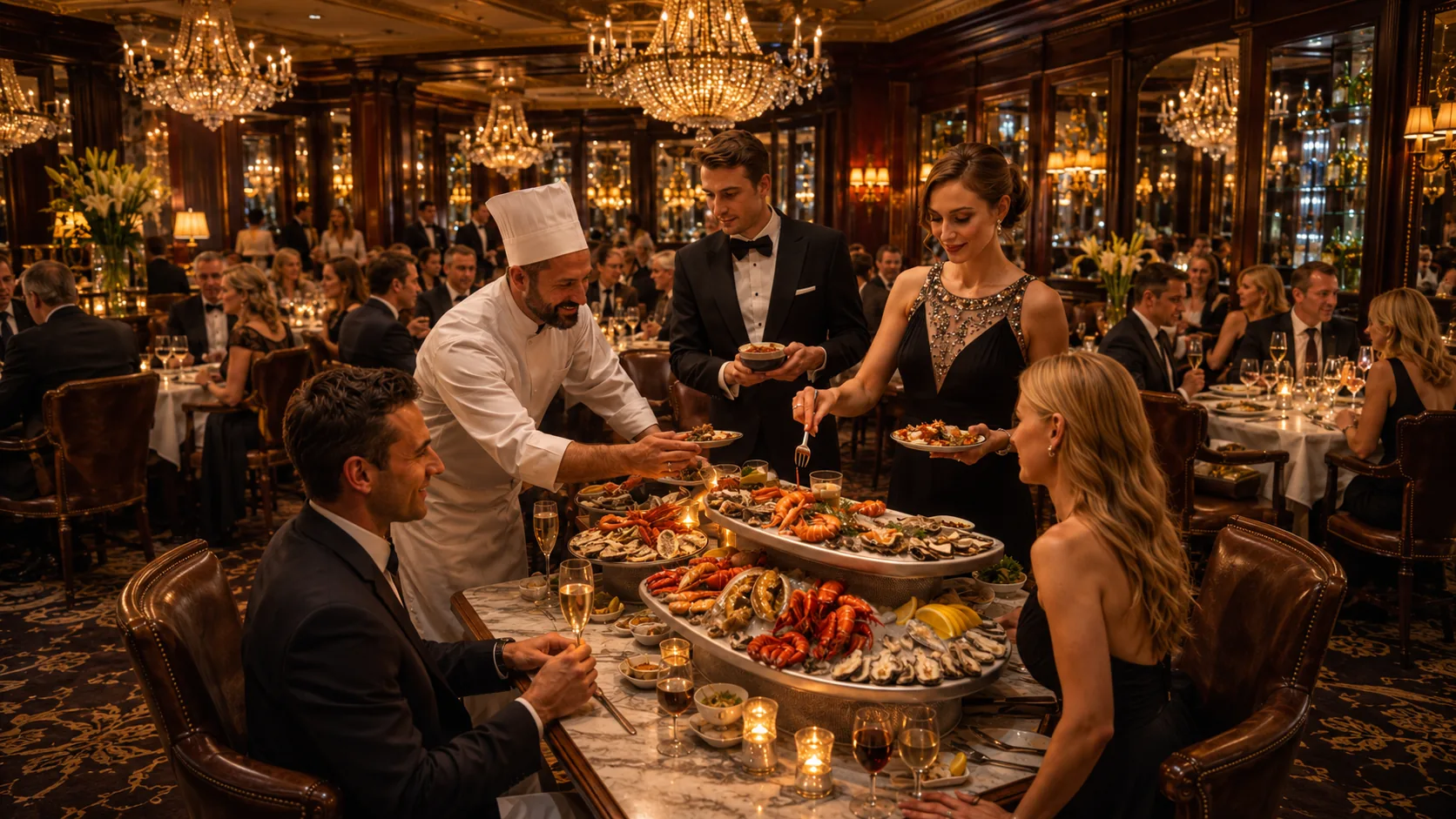 Elegant fine dining room with chef and guests