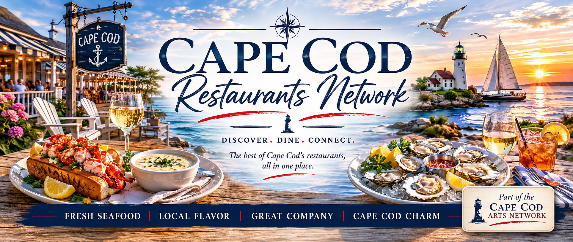 Cape Cod Restaurants Network banner with Cape Cod waterfront dining, seafood, lighthouse, sailboat, and Cape Cod Arts Network badge